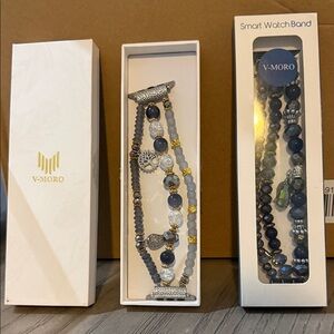 Light blue and Dark blue Beaded Smart Watch Band with gold and silver accents.